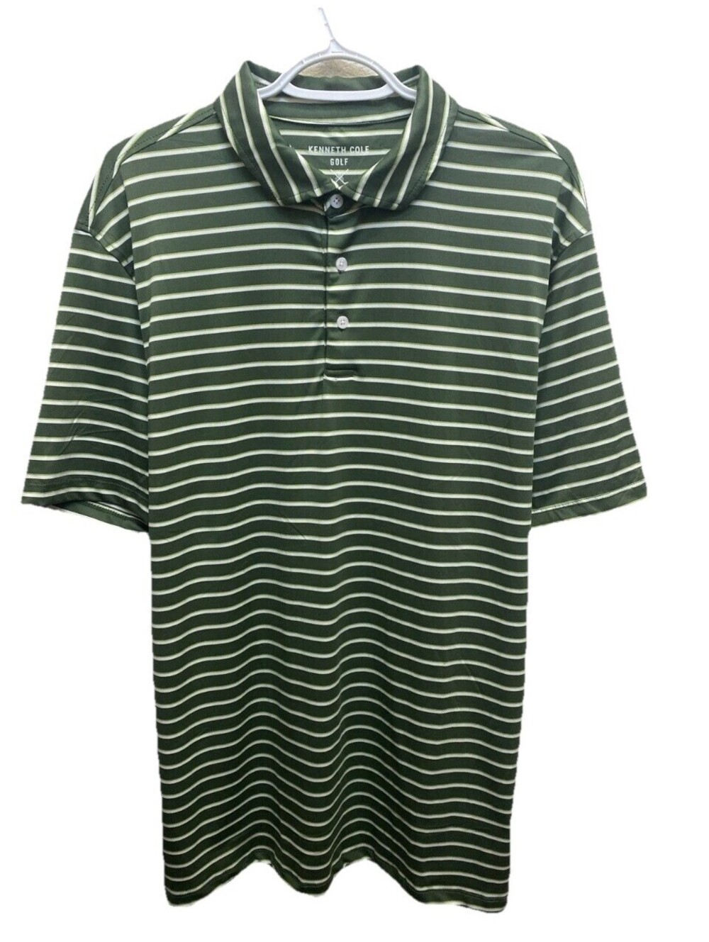 Kenneth Cole Golf Polo Shirt Men's Large Olive Green Stripe UPF 50 Stretch NEW